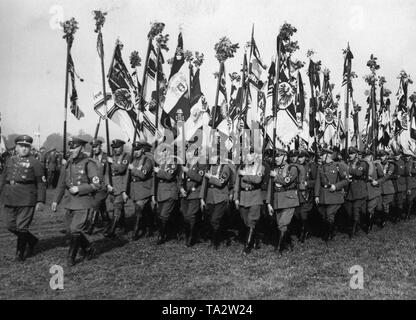 Vue de la parade du drapeau du Reichsfuehrer muster du Stahlhelm au Aegidien-Mash à Hanovre. Banque D'Images