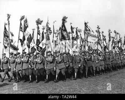 Flagbearers marchent à l'Reichsfuehrer muster du Stahlhelm au Maschsee à Hanovre. Banque D'Images