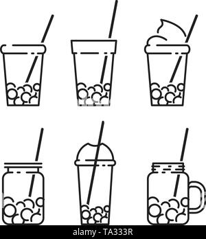 Bubble tea icon set dans le style de ligne avec du lait thé, Shake, verre, verser le jus, boba et plus. ligne vectorielle illustration Illustration de Vecteur