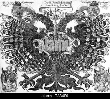 Représentation d'un double-dirigé Reichsadler (Aigle) comme Eagle Quaternion après une gravure sur cuivre de Johann Bussemacher de Cologne. Il s'agit d'une représentation idéale-typique de l'Empire dans son blason, un double-tête auréolée, Eagle (doté d'une auréole), qui protège les biens de l'Empire sous son aile. Le motif est symétrique, les armoiries de l'empereur allemand et le roi Rodolphe II (1552-1612) sont représentées à ses plumes sur la droite et gauche de la tête auréolée. Les armoiries de l'empereur sur la gauche mène la Castille, Aragon, Sicile, l'Autriche et de bourgogne dans le Banque D'Images