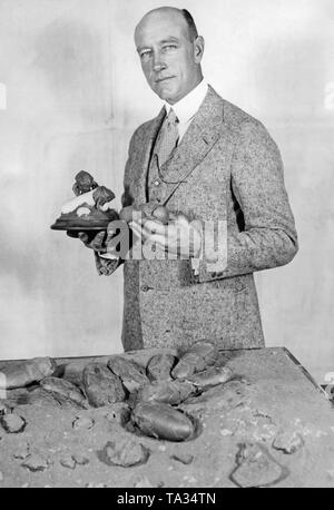 Cette photo montre le paléontologue Roy Chapman Andrews avec œufs de dinosaure, qu'il a de son expédition en Mongolie en 1925. En outre, il a également trouvé des squelettes de dinosaures et crâne de dinosaure. Banque D'Images