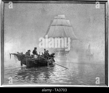 Photographie de la peinture à l'huile 'Im Morgennebel an der Emsmuendung' ('le matin de brume à l'estuaire Ems') de la peintre de marine allemand Hans Bohrdt. Banque D'Images