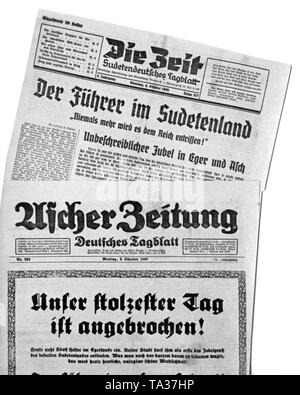 Extraits de journaux le 'Die Zeit-Sudetendeutsches Tagesblatt" et "Ascher Zeitung" du 3 et 4 octobre 1938. Ils célèbrent l'anschluss des Sudètes à l'Allemagne. Banque D'Images