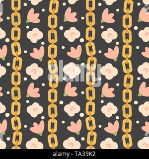 Joli mignon vecteur illustration modèle transparente à la mode avec des chaînes d'or, fleurs roses et perles blanches sur fond sombre Illustration de Vecteur