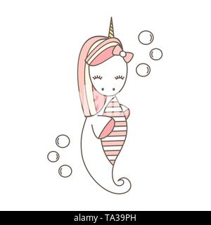 Unicorn cute cartoon illustration vecteur de cheval de mer isolé sur fond blanc Illustration de Vecteur