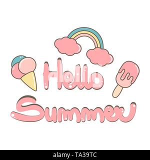Cute hello summer lettrage dessiné à la main carte vectorielle avec de la crème glacée et rainbow Illustration de Vecteur