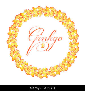 Cadre rond jaune de feuilles de ginkgo biloba. Aquarelle Banque D'Images
