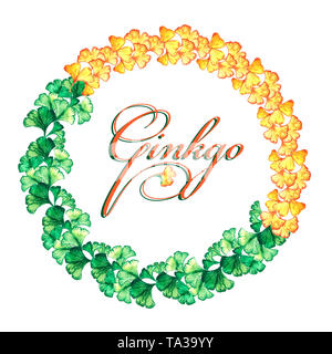 Cadre rond jaune et vert de feuilles de ginkgo biloba. L'aquarelle. Imprimer, invitation, carte de souhaits Banque D'Images