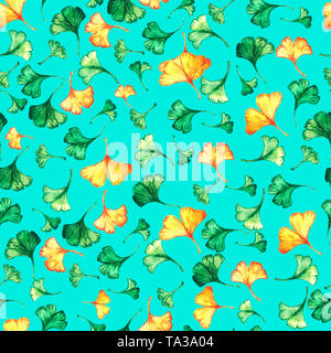 Les feuilles de ginkgo biloba aquarelle floral seamless pattern sur fond turquoise. Arbre plante connue sous le nom de ginko ou gingko. Banque D'Images