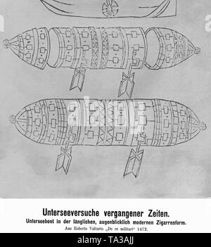 Dessin d'un sous-marin du livre 'De re militari' par l'ingénieur italien Roberto Valturio. Banque D'Images