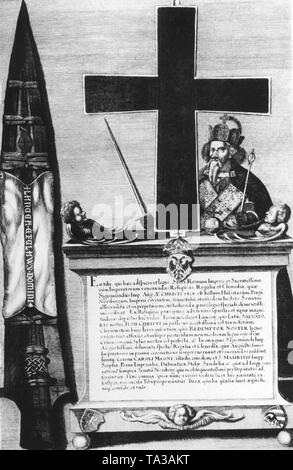 Certaines parties de l'insigne Impérial de Nuremberg, qui sont nécessaires pour la cérémonie du couronnement. Sur la gauche est la Sainte Lance, qu'Henry I (Roi 919-936) acquis probablement en 935 de Rudolf de Bourgogne (923-936) Roi de France. Vous pouvez également voir une partie de la Croix du Christ. Il est incorporé dans une châsse en forme. Selon le texte de l'empereur à coronation robes (à droite) est Sigismond. Il est investi d'une couronne, le sabre de cérémonie, l'impériale l'Orbe, le sceptre, l'aube, l'étole, et les armoiries royales. Banque D'Images