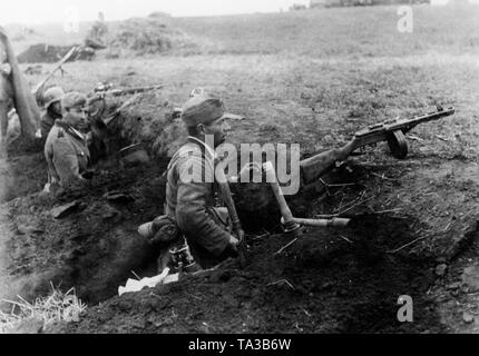 L'infanterie allemande en position dans une tranchée près de Poltava. Le Groupe d'Armées Sud zone en Ukraine. La mitrailleuse au bord de la tranchée est un PPSch-41 capturés. Banque D'Images