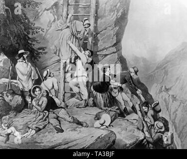 La photo montre un voyage alpin d'après un dessin de Eugene von Guerard. Les randonneurs escaladent la montagne. Banque D'Images