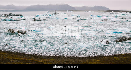 Gros icebergs détachés de la langue d'un glacier d'atteindre la côte, en Islande, paradis des aventuriers. Banque D'Images