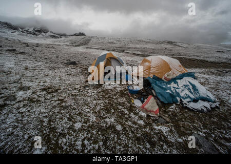 Camping par temps froid dans la puna grassland haut dans les Andes du Sud du Pérou. Banque D'Images
