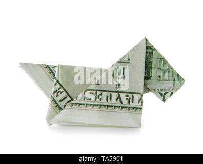 L'origami chien de dollar billet sur fond blanc Banque D'Images