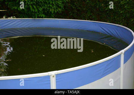 Lieu perdu piscine bleu-blanc, fond du châssis débraillé piscine avec l'eau de couleur verte en raison de la saleté et d'algues Banque D'Images