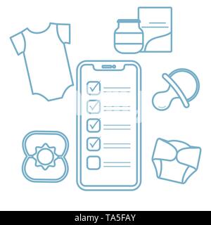 Vector illustration avec le smartphone à l'aide de bébé, accessoires. Body, aliments pour bébé, couches, peut-mamelon, bat. Les achats en ligne. Illustration de Vecteur