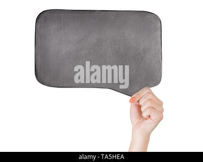 Woman hand holding black slate avec "à la recherche d'un emploi' texte sur elle. Isolé sur blanc, chemin de détourage inclus Banque D'Images