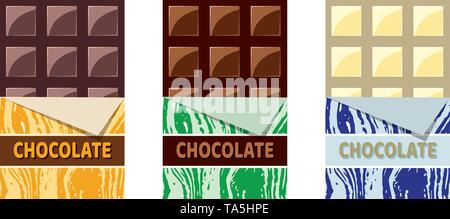 Collection de vecteur a ouvert le chocolat noir, chocolat au lait et de chocolat blanc avec un morceau de barre de chocolat en eps10 aluminium illustration Illustration de Vecteur