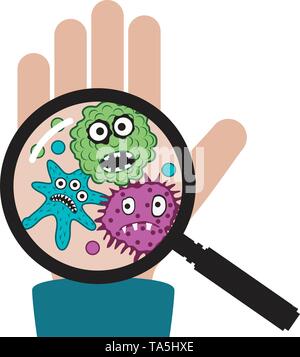 Vector hand avec les microbes et les bactéries isolées sur fond blanc.. loupe montre des sale virus avec palm et le germe des symboles. medical illust Illustration de Vecteur