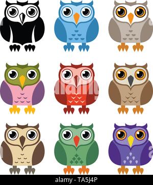 Vector noir et blanc et coloré des icônes isolé sur fond whie. owl bird conception graphique logo, symbole de sagesse Illustration de Vecteur