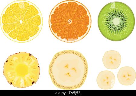 Vector collection de coupes de fruits isolé sur fond blanc. tranche de citron, orange, kiwi, ananas et bananes. demi-coupe de fruits frais pour l'alimentation il Illustration de Vecteur