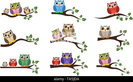 Hibou coloré vecteur sitting on tree branch icônes isolé sur fond whie. owl bird conception graphique logo, symbole de la sagesse ou de la famille Illustration de Vecteur