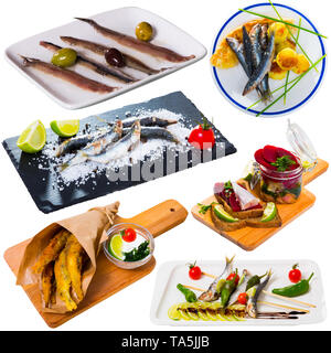 Des plats délicieux avec des maquereaux et sardines à assiettes isolé sur fond blanc Banque D'Images