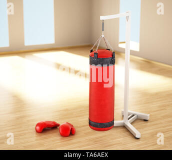 Sac de boxe suspendu à la chaîne à l'intérieur d'une chambre. 3D illustration. Banque D'Images