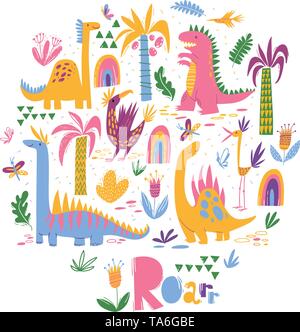 Conception vectorielle avec Mignon mignon les dinosaures dans un style moderne Illustration de Vecteur