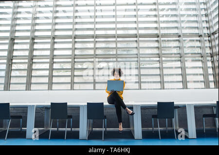 Jeune étudiant ou businesswoman sitting on desk in prix dans une bibliothèque ou un bureau, à l'aide d'ordinateur portable. Banque D'Images