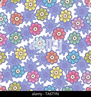 Fleurs Doodle motif transparent, coloré floral background. Bourgeons lumineux multicolore de pétales sur fond blanc, dessin à la main, un ornement pour tissu Illustration de Vecteur