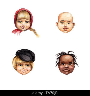 Les visages des enfants expression définie. Aquarelle illustration avatars indiens. Amis de partout dans le monde. Banque D'Images