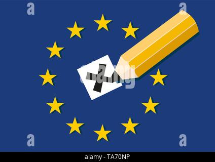 Concept des élections au Parlement européen. Faire une croix au crayon bulletin de vote avec les étoiles et d'un drapeau en arrière-plan. Illustration de Vecteur