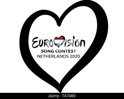 TEL AVIV, ISRAËL - Mai 2019 : Gagnant du Concours Eurovision de la Chanson 2019. Eurovision 2020 Pays-Bas texte coeur sur fond blanc Banque D'Images