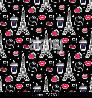 Tour Eiffel avec café et macarons. Style parisien. Surface design. Vector illustration croquis autocollants sur fond noir. Illustration de Vecteur