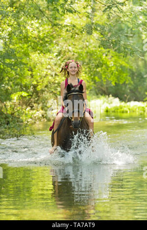 Poney Équitation allemande. Fille sur le dos de bay horse riding bareback dans un ruisseau. Allemagne Banque D'Images