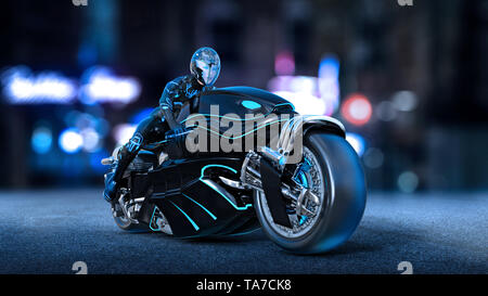 Fille de motards avec casque équitation un vélo sci-fi, woman on black moto futuriste dans night city street, 3D Rendering Banque D'Images