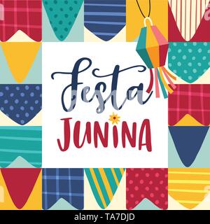 Festa junina Sao Joao, maison de vacances. Juin brésilienne partie carte de vœux, invitation. Résumé fond moderne dessiné à la main avec des drapeaux colorés bunting Illustration de Vecteur