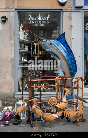 Modèle d'un pélerin avec divers oiseaux et éléments de bric-à-brac sur l'affichage à l'extérieur d'un antiwue boutique sur la rue Dundas, Édimbourg, Écosse, Royaume-Uni. Banque D'Images