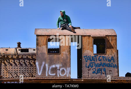 Cimetière de locomotives du train abandonné, Uyuni, Bolivie Banque D'Images