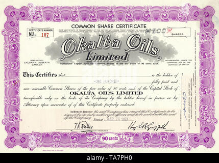 Stock historique certificat d'une société pétrolière et gazière, Okalta Oils Limited, Calgary, Alberta, Canada, 1957, Wertpapier, historische Aktie, Mineraöl Erdgasunternehmen Okalta- und, Oils Limited , 1957, Calgary, Alberta, Canada Banque D'Images