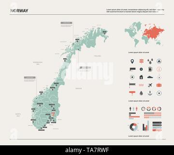 Carte vectorielle de la Norvège. Carte pays avec la division, les villes et le capital d'Oslo. Une carte politique, carte du monde, les éléments de l'infographie. Illustration de Vecteur