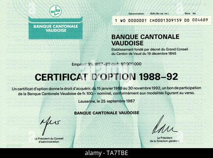 Historic Stock certificat, certificat de titres au porteur, le justifient, Historisches Wertpapier, Inhaber-Optionsschein, 1987, Banque Cantonale Vaudoise, BCV, Waadtländische Kantonalbank Kantonalbank des Kantons Waadt, Lausanne, Suisse, Europa Banque D'Images