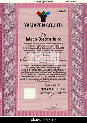 Historic Stock certificat, certificat de titres au porteur, le justifient, l'ingénierie mécanique, Historisches Wertpapier, Inhaber-Optionsschein japanischer Maschinenbau, Yamazen Co., Ltd., 1991, Osaka, Japon Banque D'Images