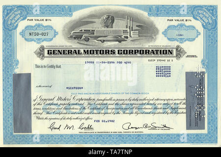 Certificat d'actions historiques, General Motors Corporation, GM, car Company, New York, 1982, USA, Historische Aktie, Gerneral Motors Corporation, GM, Automobilkonzern, California, USA, 1982 Banque D'Images