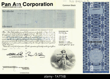 Certificat d'actions historiques, American Airlines, Pan Am, Pan Am Corporation, 1990, Delaware, Etats-Unis, Historische Aktie, Pan Am Corporation, 1990, New York, USA Banque D'Images