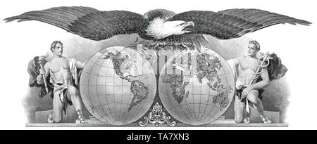 Aktie Détail der Historische, Vignette, Allegorische Darstellung, Weißkopfseeadler (Haliaeetus leucocephalus) mit 2 Weltkugeln griechischen und Göttern Olympischen (Hermes), US-amerikanische Fluggesellschaft, Pan Am, Pan American World Airways, Inc., 1967, New York, USA, certificats d'actions historiques, détail de la vignette, représentation allégorique d'un pygargue à tête blanche avec deux parties du globe et dieux de l'Olympe Grec, Hermes, American Airlines, Pan Am, Pan American World Airways, Inc., 1967, New York, USA Banque D'Images