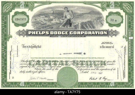 Historische Aktie, Phelps Dodge Copper Mining Company, Kupfer- und Molybdän-Bergbau Kupferdrahrhersteller Bauholzprodukte,,, heute Freeport-McMoRan, 1967, New York, USA Banque D'Images